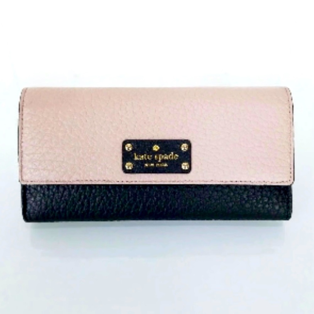 Kate Spade Bay Street Sandra Pebbled Leather Black Blush Porcelain Wallet Clutch